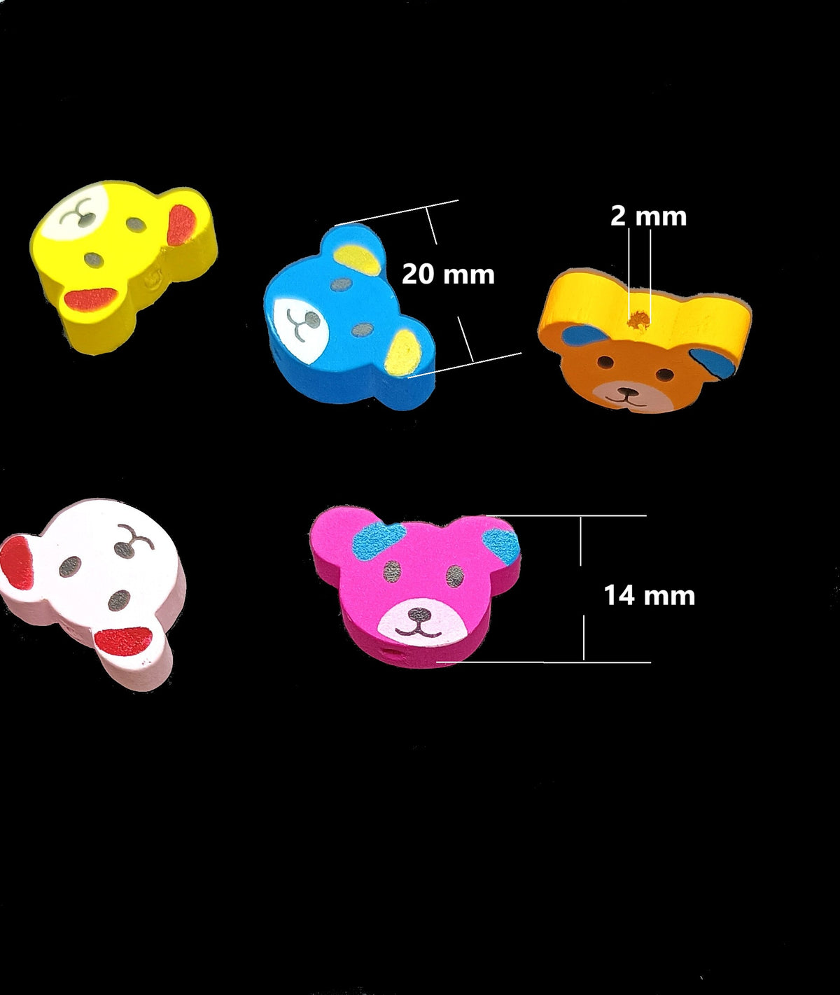 Multicoloured Bear Face Wooden Bead