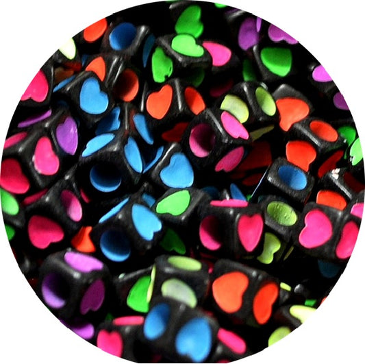 7mm Multicolour Heart Print Black Acrylic Cube Beads