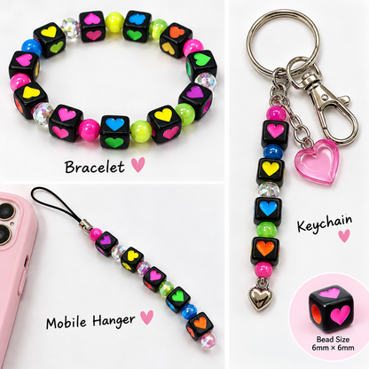 6mm Multicolour Heart Print Black Acrylic Cube Beads