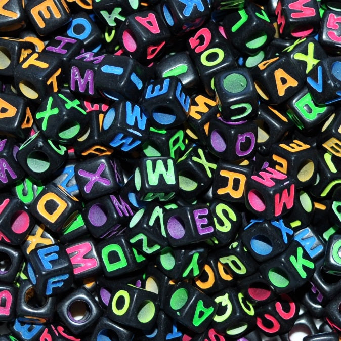 7mm Black Cube Acrylic Alphabet Beads - Colourful Mixed Letters