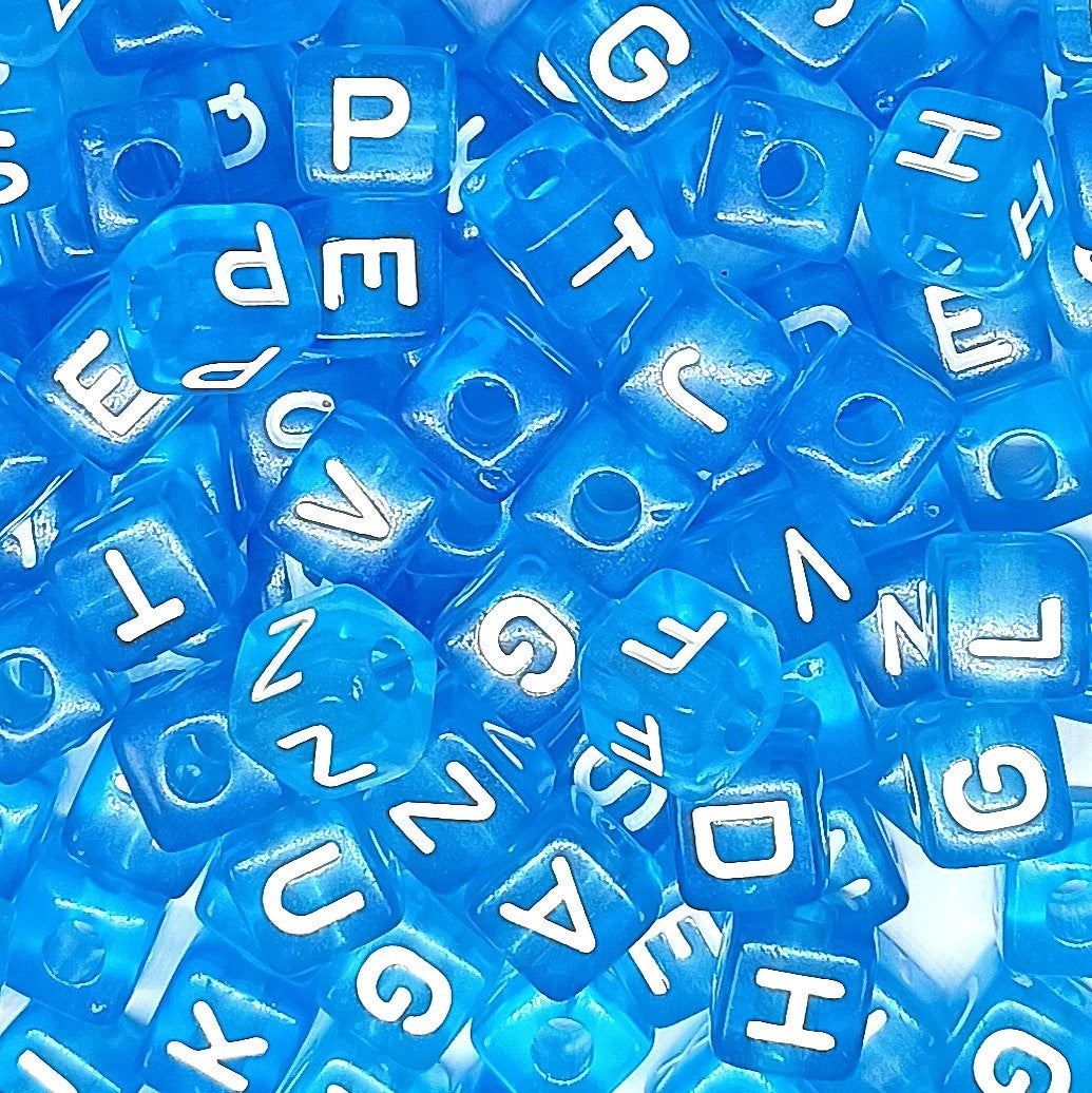 10mm Transparent Cube Acrylic Alphabet Beads - Blue