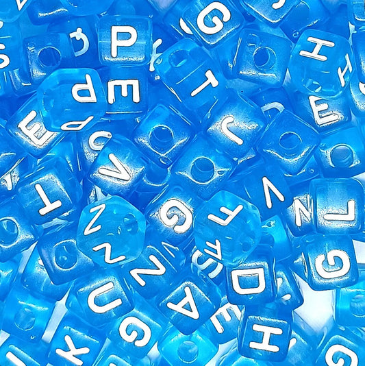 10mm Transparent Cube Acrylic Alphabet Beads - Blue