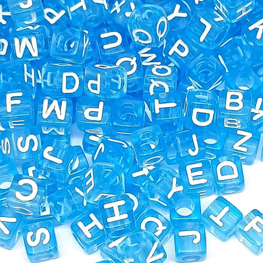 6mm White Cube Acrylic Alphabet Beads - Blue