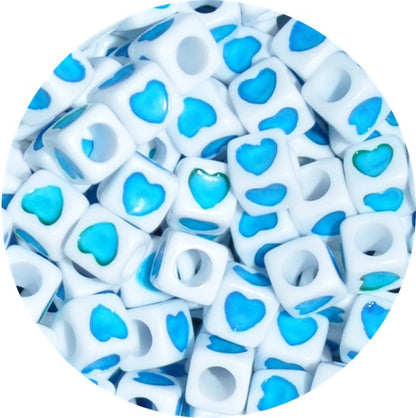 7mm Multicolour Heart Print White Acrylic Cube Beads