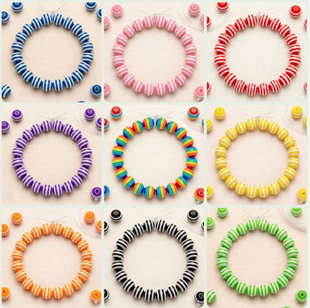 8mm Solid Colour Striped Round Resin Beads