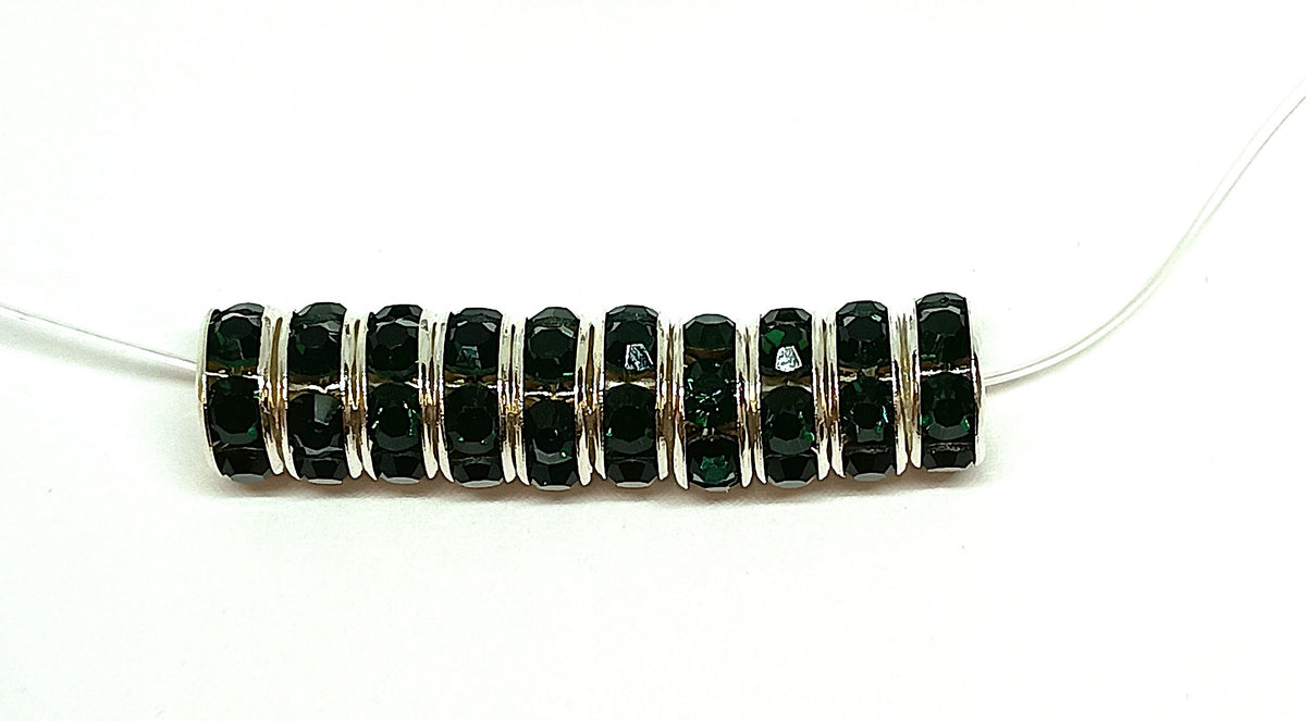 8mm Dark Green Rhinestone Rondelle Spacer Beads - Silver Plated