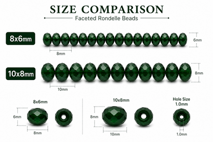 Dark Green Faceted Crystal Rondelle Beads - 8mm, 10mm