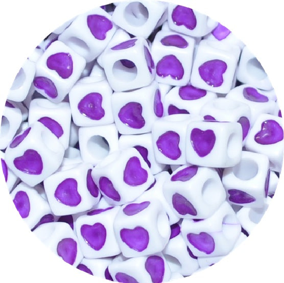 7mm Multicolour Heart Print White Acrylic Cube Beads