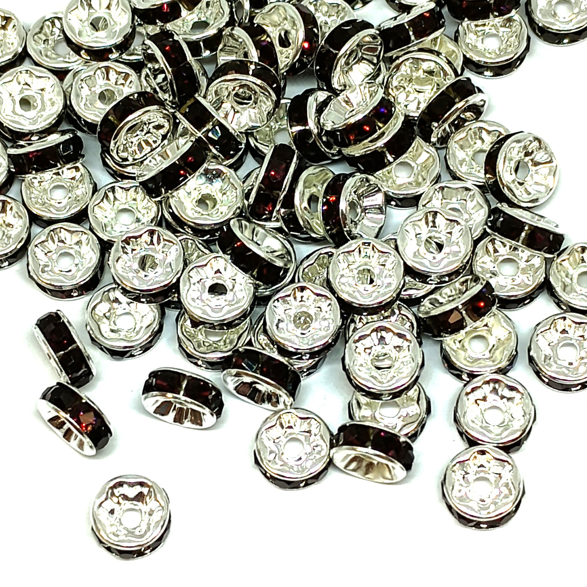 8mm Dark Purple Rhinestone Rondelle Spacer Beads - Silver Plated