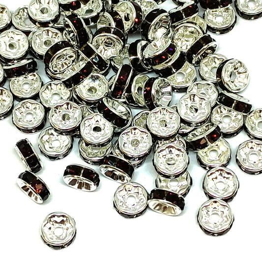 8mm Dark Purple Rhinestone Rondelle Spacer Beads - Silver Plated