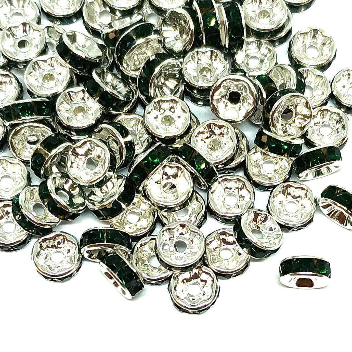 8mm Dark Green Rhinestone Rondelle Spacer Beads - Silver Plated