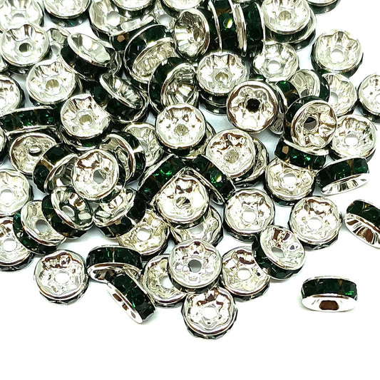 8mm Dark Green Rhinestone Rondelle Spacer Beads - Silver Plated