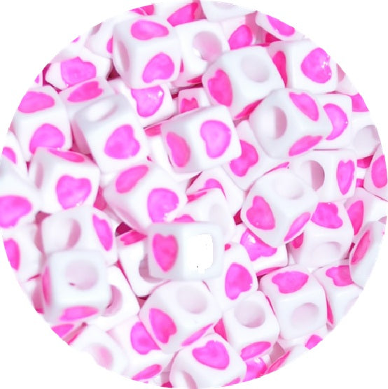 7mm Multicolour Heart Print White Acrylic Cube Beads