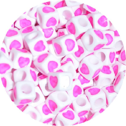 7mm Multicolour Heart Print White Acrylic Cube Beads