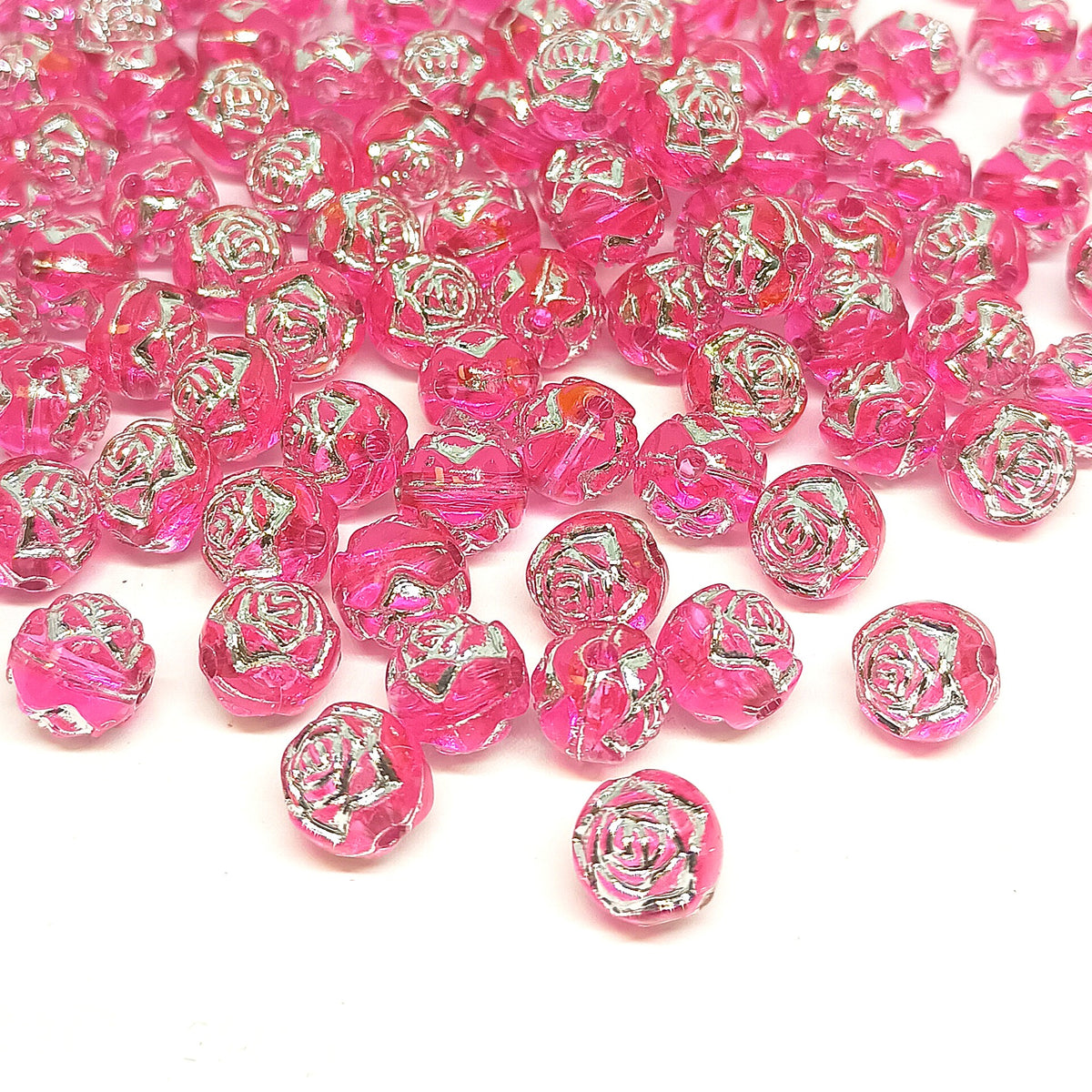 8mm Round Rose Acrylic Beads with Silver Detail - Rose Pink
