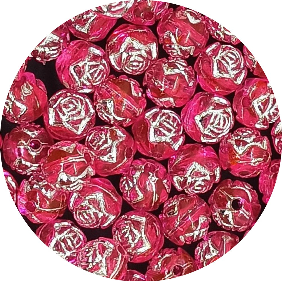 8mm Round Rose Acrylic Beads with Silver Detail - Rose Pink