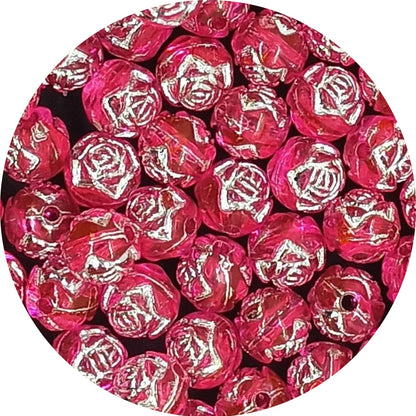 8mm Round Rose Acrylic Beads with Silver Detail - Rose Pink