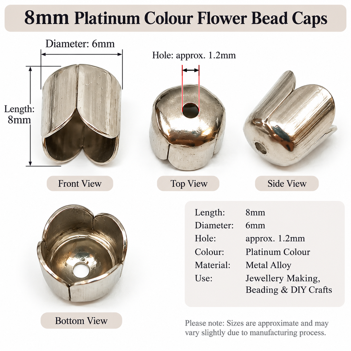 8mm Platinum Colour Flower Bead Caps