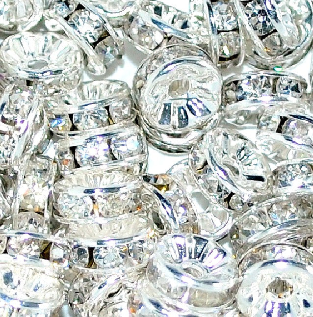 6mm, 8mm, 10mm Clear Rhinestone Rondelle Spacer Beads - Silver Plated