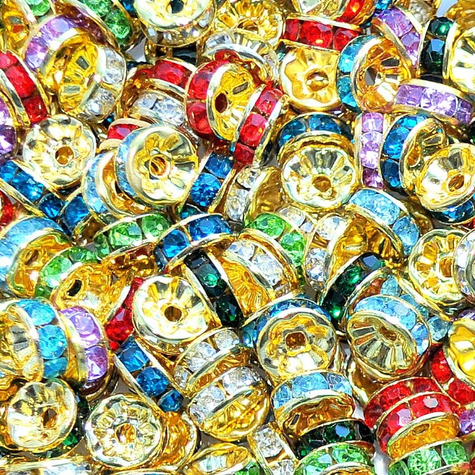 8mm Multicoloured Rhinestone Rondelle Spacer Beads - Gold Plated