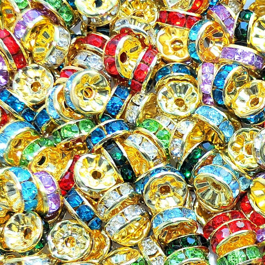 8mm Multicoloured Rhinestone Rondelle Spacer Beads - Gold Plated