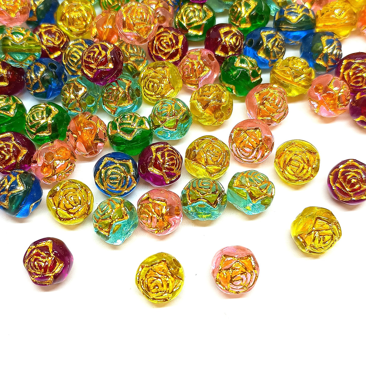 8mm Round Rose Acrylic Beads with Gold Detail - Multicoloured