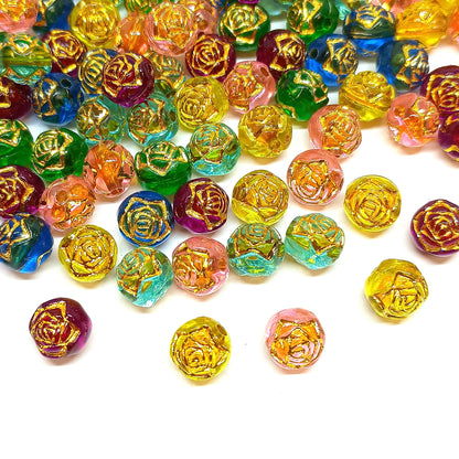 8mm Round Rose Acrylic Beads with Gold Detail - Multicoloured