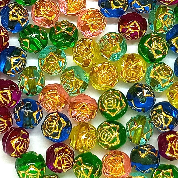 8mm Round Rose Acrylic Beads with Gold Detail - Multicoloured