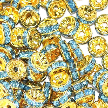 8mm Aqua Rhinestone Rondelle Spacer Beads - Gold Plated