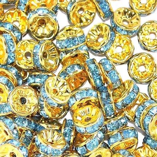 8mm Aqua Rhinestone Rondelle Spacer Beads - Gold Plated