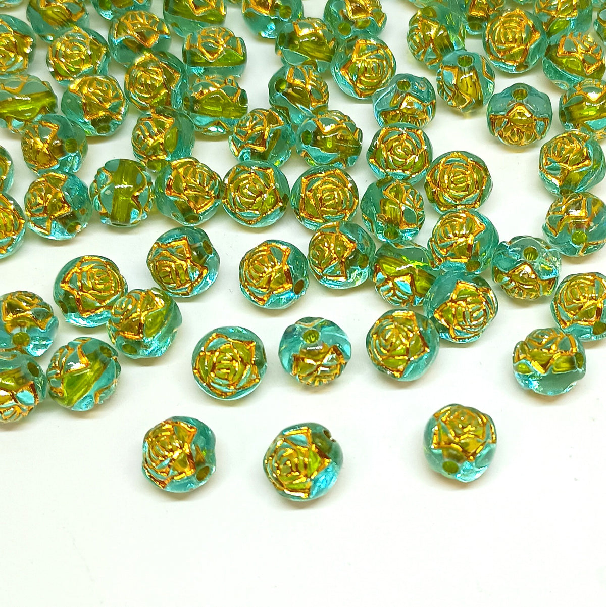 8mm Round Rose Acrylic Beads with Gold Detail - Blue