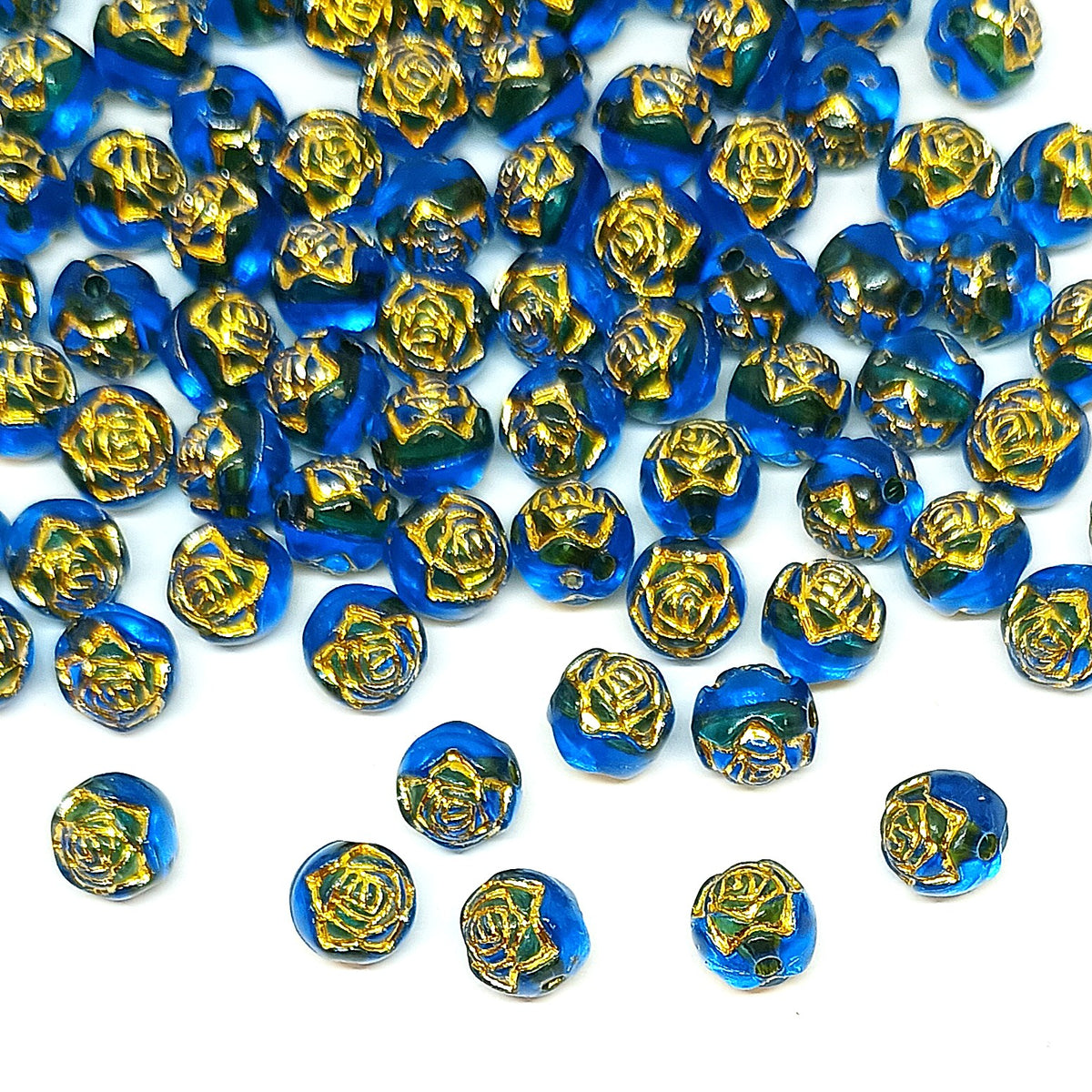 8mm Round Rose Acrylic Beads with Gold Detail - Dark Blue