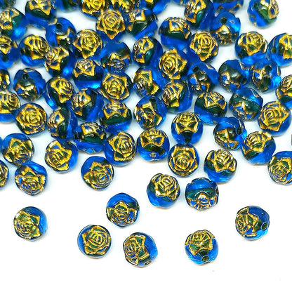 8mm Round Rose Acrylic Beads with Gold Detail - Dark Blue