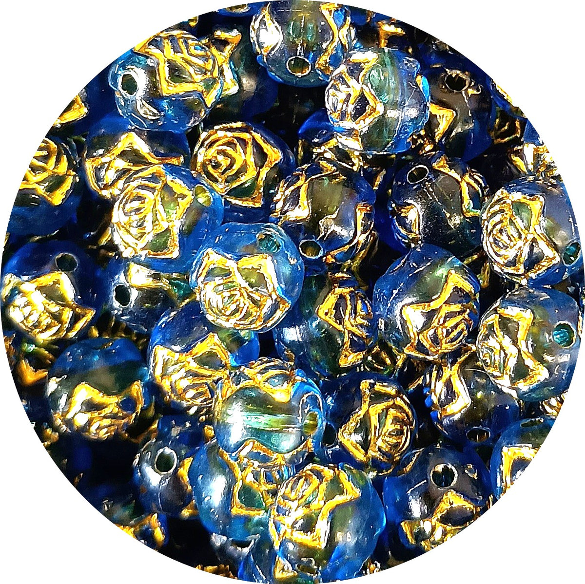 8mm Round Rose Acrylic Beads with Gold Detail - Dark Blue