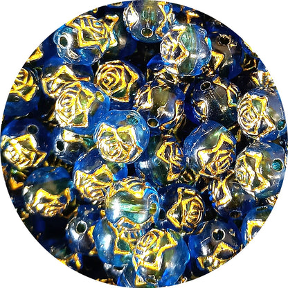 8mm Round Rose Acrylic Beads with Gold Detail - Dark Blue