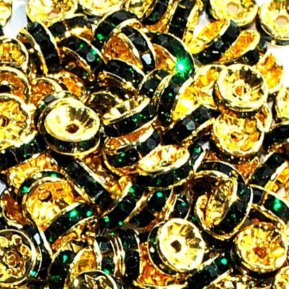 8mm Dark Green Rhinestone Rondelle Spacer Beads - Gold Plated
