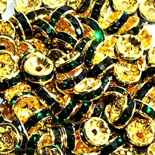 8mm Dark Green Rhinestone Rondelle Spacer Beads - Gold Plated