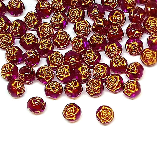 8mm Round Rose Acrylic Beads with Gold Detail - Burgundy Purple