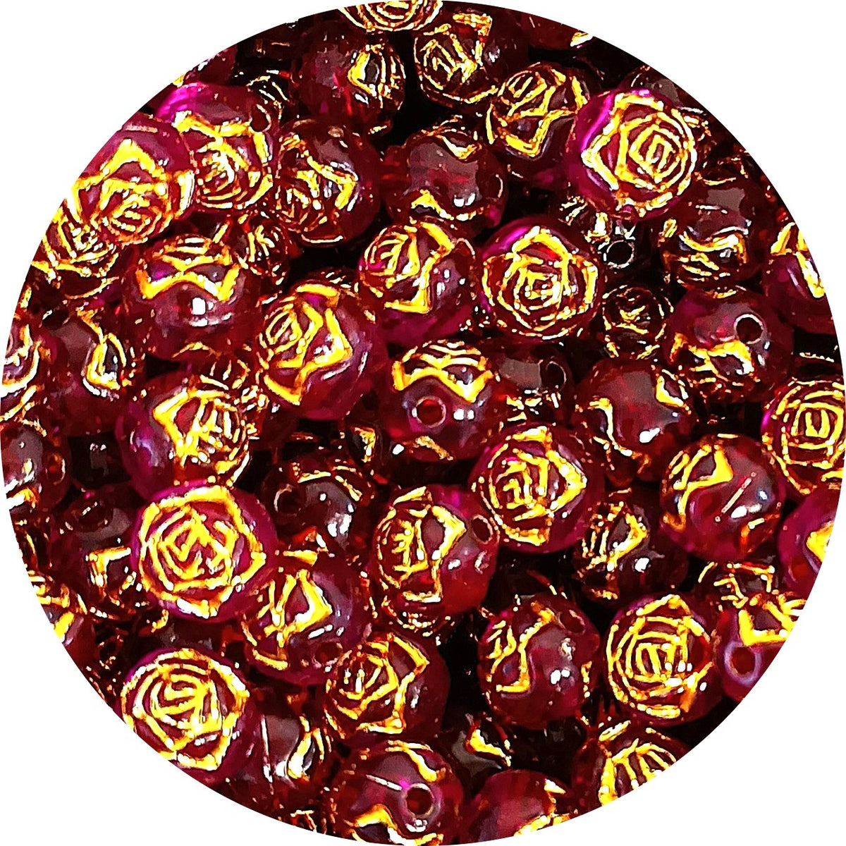 8mm Round Rose Acrylic Beads with Gold Detail - Burgundy Purple