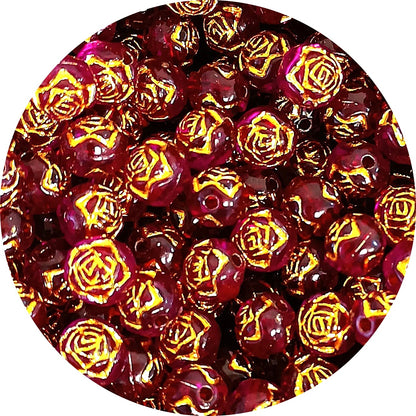 8mm Round Rose Acrylic Beads with Gold Detail - Burgundy Purple