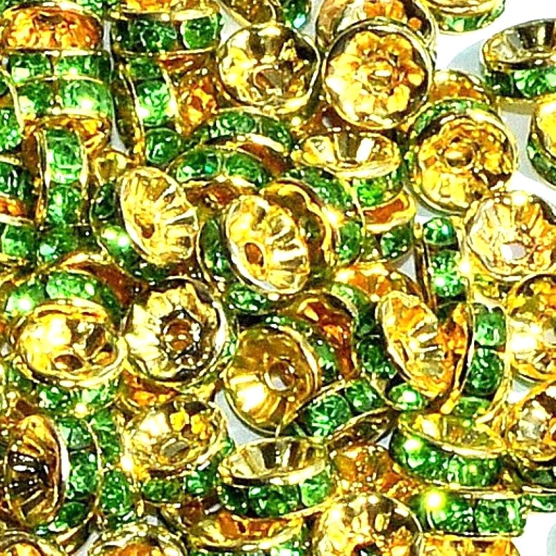 8mm Green Rhinestone Rondelle Spacer Beads - Gold Plated