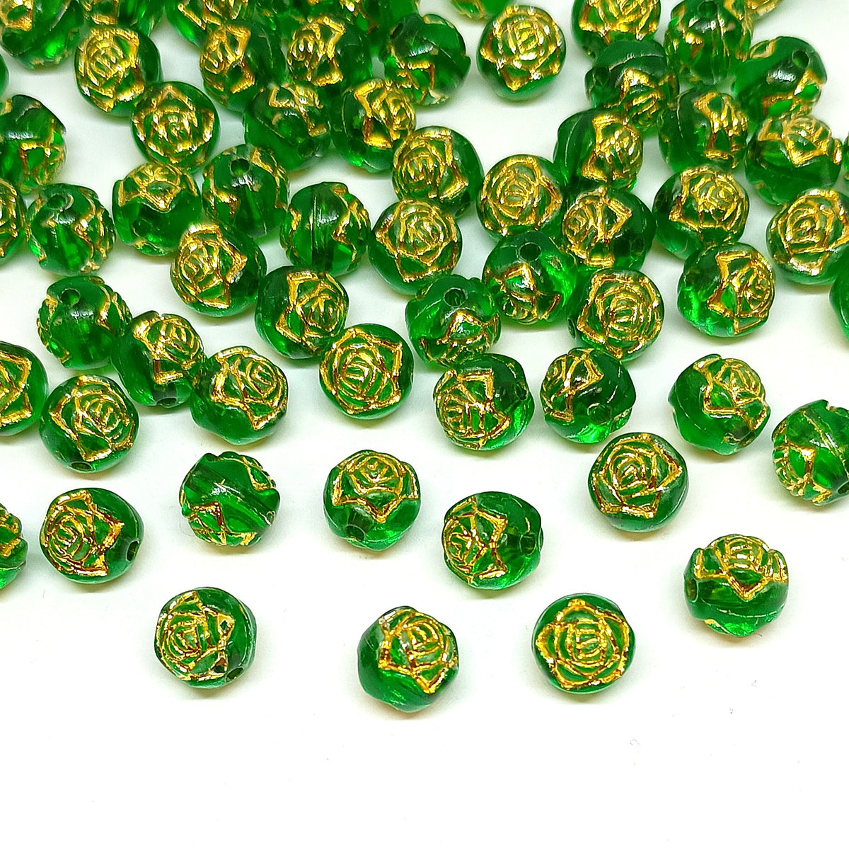 8mm Round Rose Acrylic Beads with Gold Detail - Dark Green