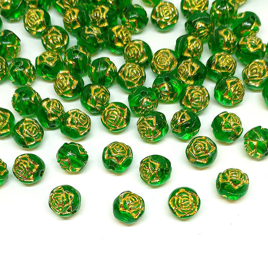 8mm Round Rose Acrylic Beads with Gold Detail - Dark Green