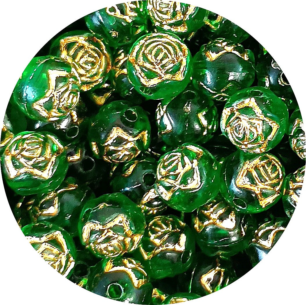 8mm Round Rose Acrylic Beads with Gold Detail - Dark Green