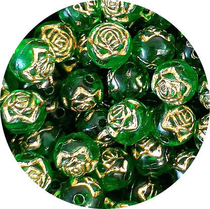 8mm Round Rose Acrylic Beads with Gold Detail - Dark Green