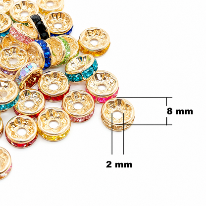 8mm Multicoloured Rhinestone Rondelle Spacer Beads - Gold Plated