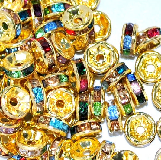 8mm Multicoloured Stones Rhinestone Rondelle Spacer Beads - Gold Plated