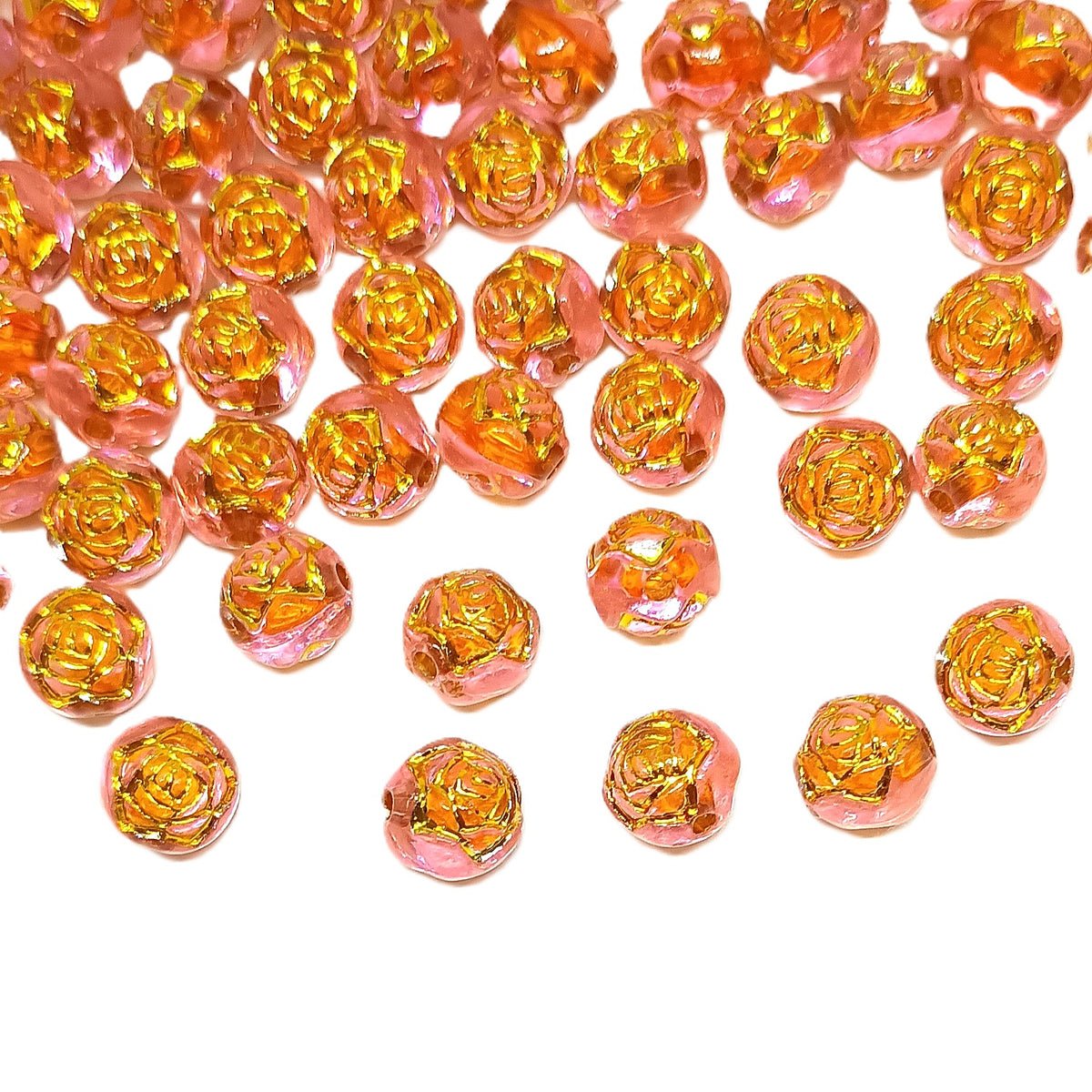 8mm Round Rose Acrylic Beads with Gold Detail - Pink