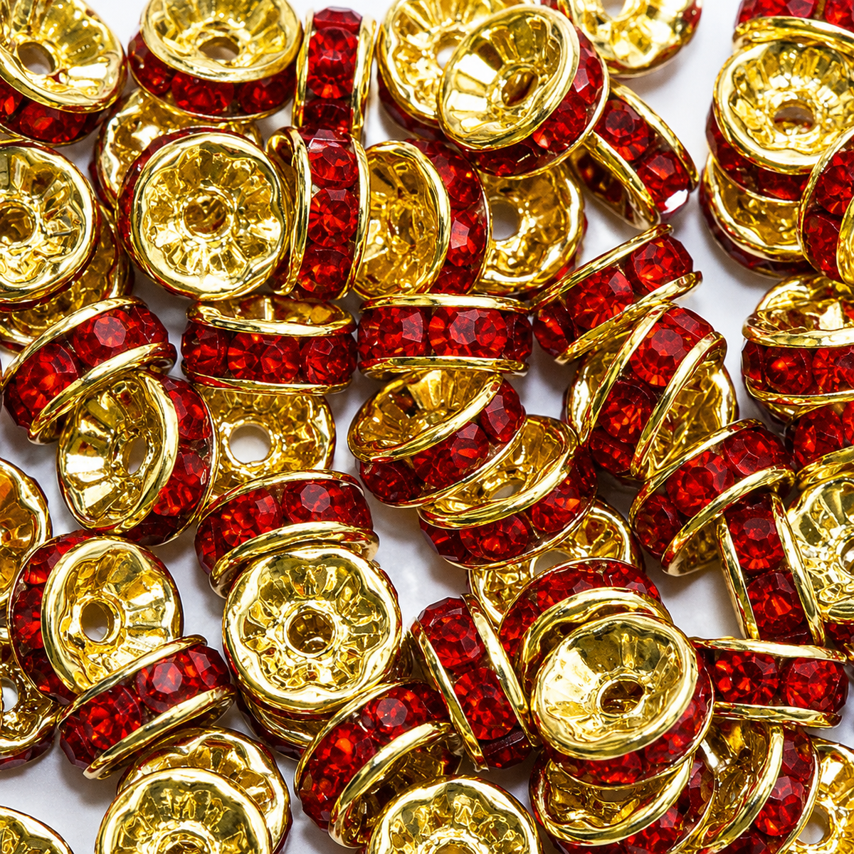 8mm Red Rhinestone Rondelle Spacer Beads - Gold Plated