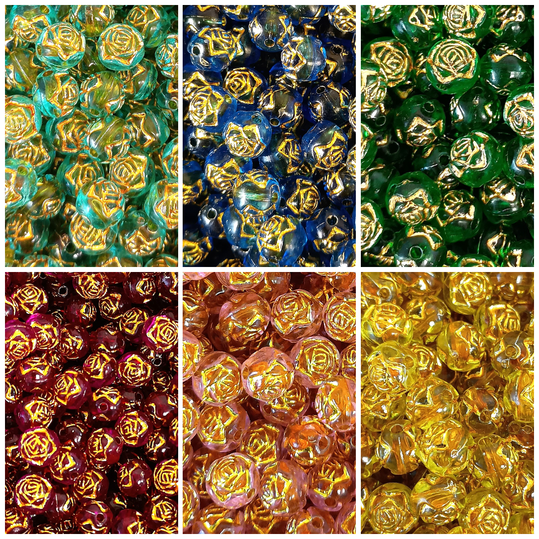 8mm Round Rose Acrylic Beads with Gold Detail - Multicoloured